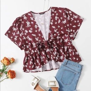 Red and White Floral Tie Front Cropped Peplum Top